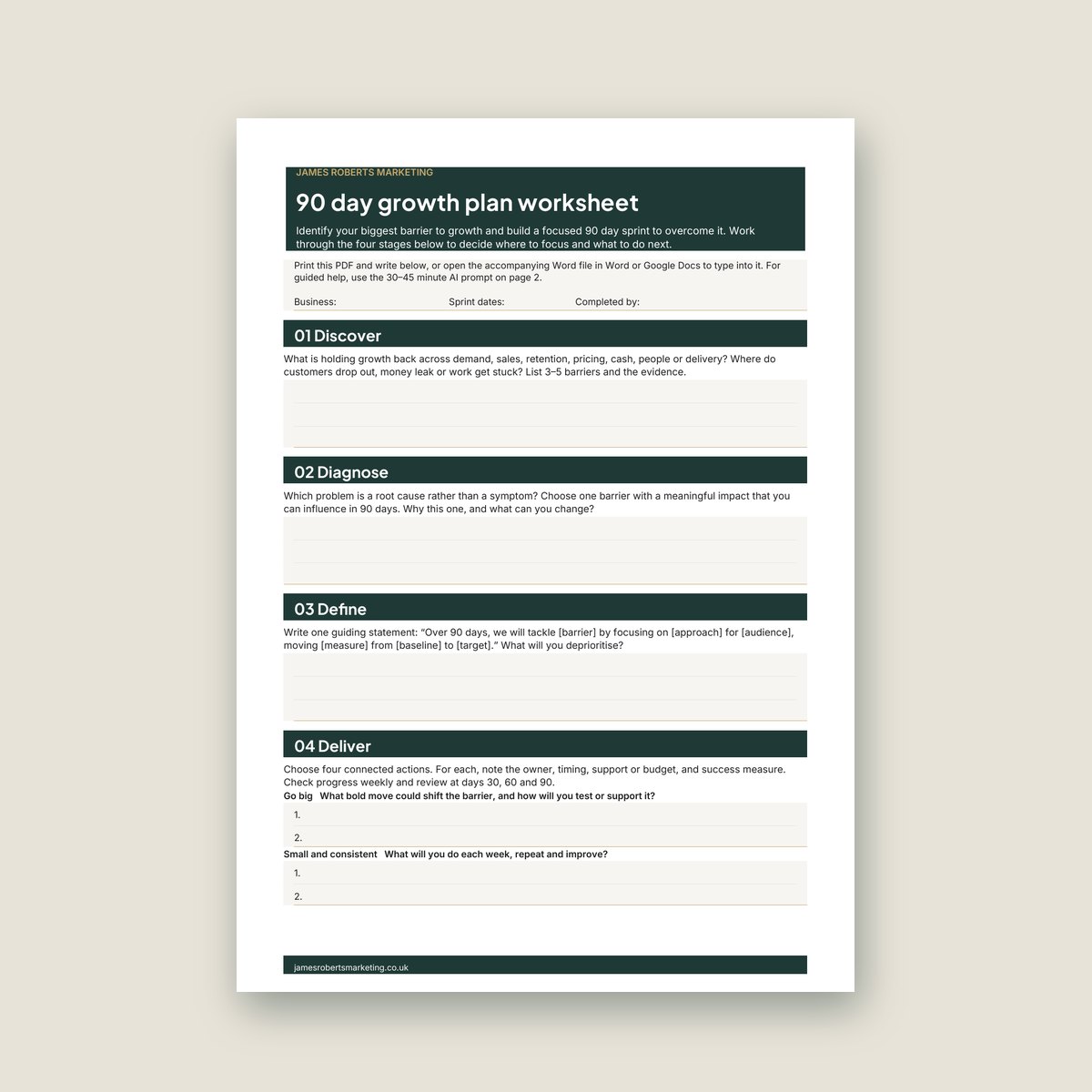 Page one of the 90 day growth plan framework worksheet, showing the Discover, Diagnose, Define and Deliver stages